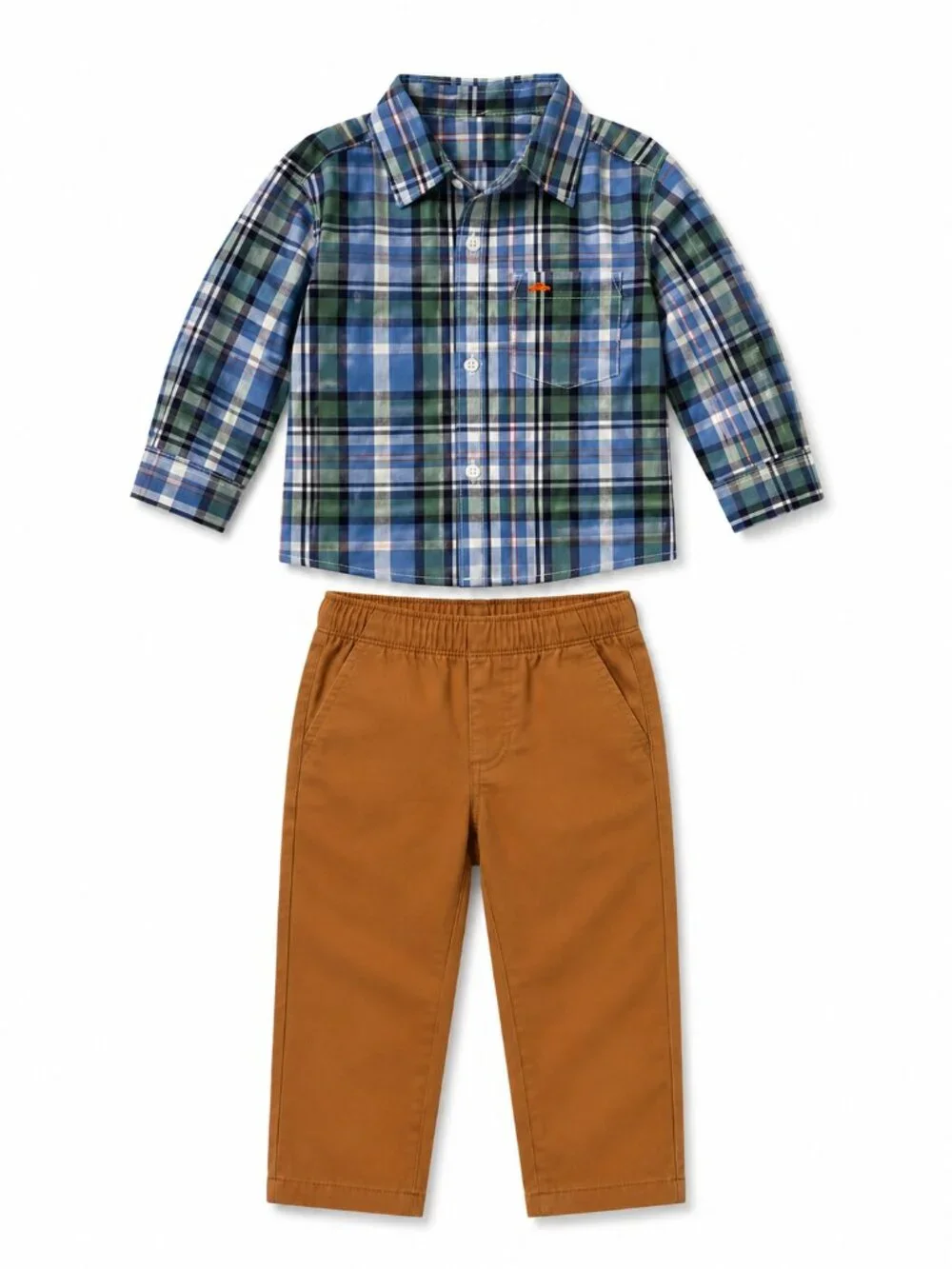 NWT Toddler Boy 2 Piece Outfit Set Size 3T Plaid Button Up Shirt & Tan Pants